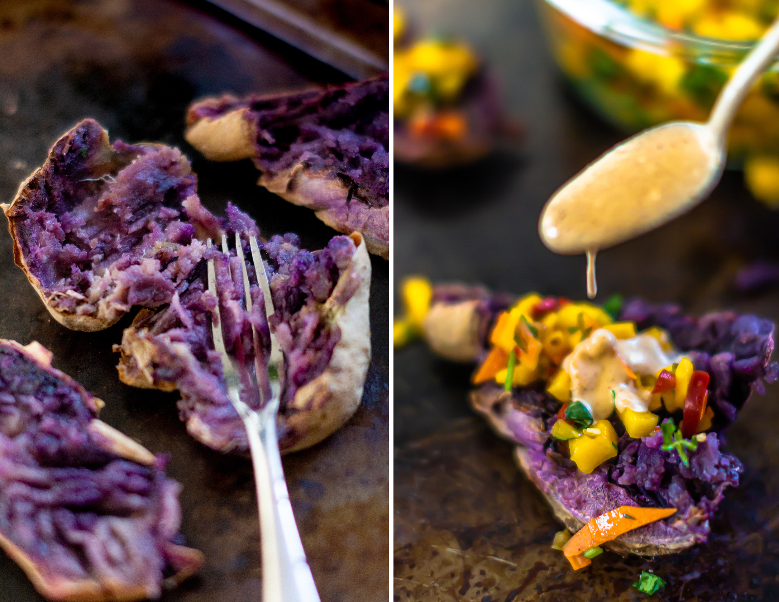 Rainbow Smashed Purple Potatoes + 5 Spice Peanut Sauce | plantcrush.co