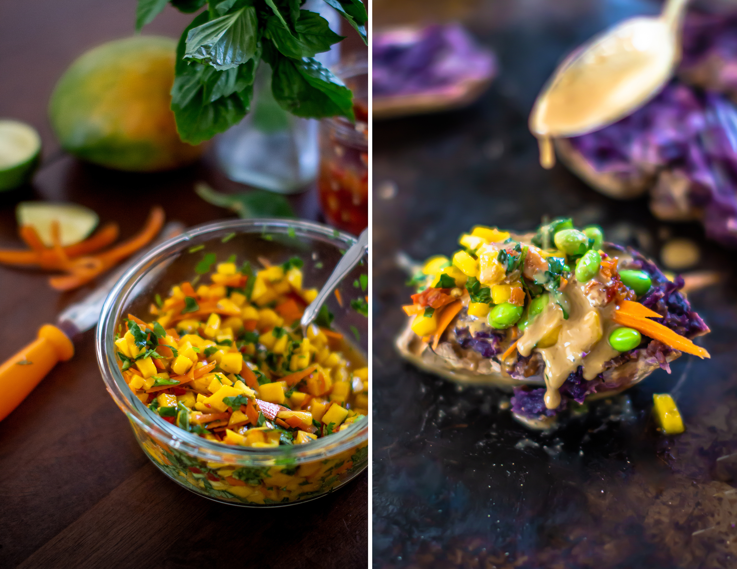 Rainbow Smashed Purple Potatoes + 5 Spice Peanut Sauce | plantcrush.co